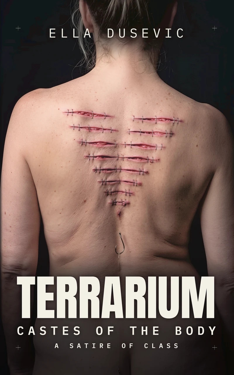 Terrarium cover: a woman's back with nine stitched cuts forming an inverted triangle, a hook at the spine